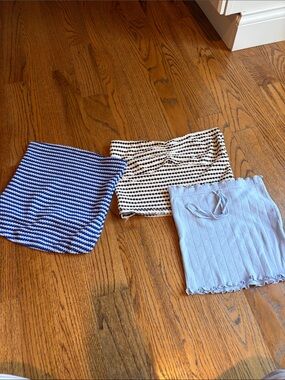 3 Knit Tube Tops in Blue, Black/White, and Light Blue